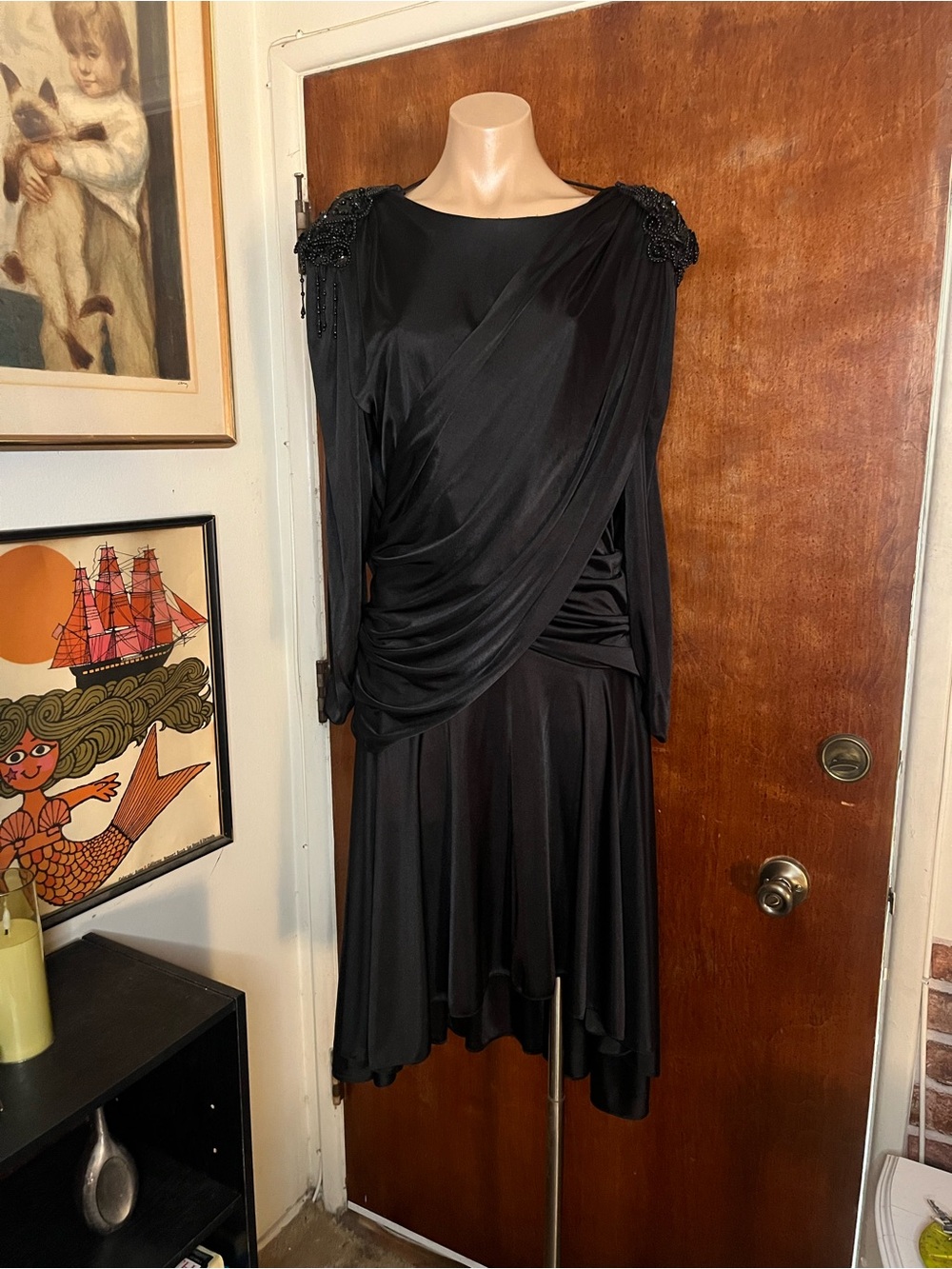 Vintage Black Sequin 80s Ruched draped BLACK  long sleeve Dynasty Style M
